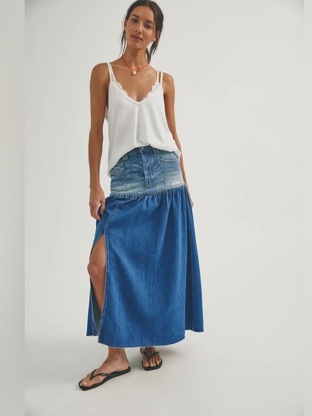 Free People We The Free Good Company Mixed Denim Maxi Skirt